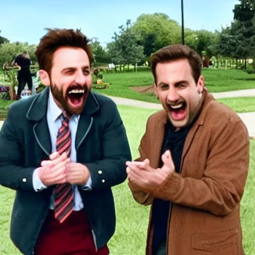 Image similar to Charlie Kelly and Michael Scott at the park, laughing and playing together, friendship, best friends