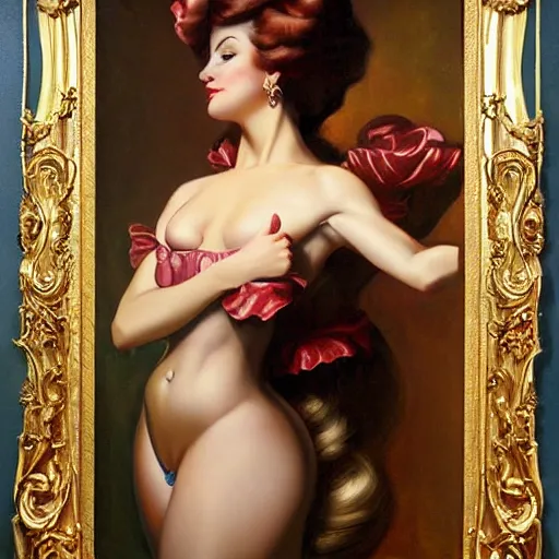 Prompt: woman, long hair, ultra detailed, by greg hildebrandt fancy rococo baroque oil painting high quality clothed in fancy garb in pin up style