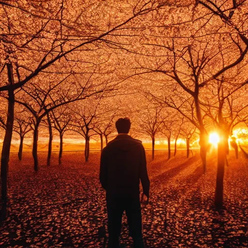 Image similar to man facing the sunset in a beautiful cherry tree forest