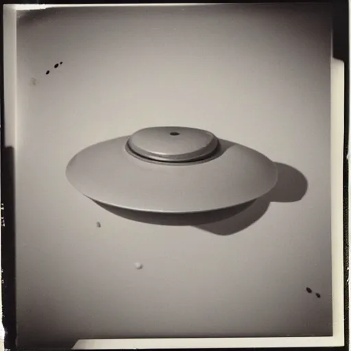 Image similar to polaroid photograph of ufo taken in the sky, hanebau, 1 9 5 0 s, black and white, blurry