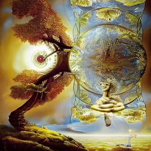 Prompt: The Sapiential sage dreaming with magical reflections of knowledge lost in time ultra high quality surrealism