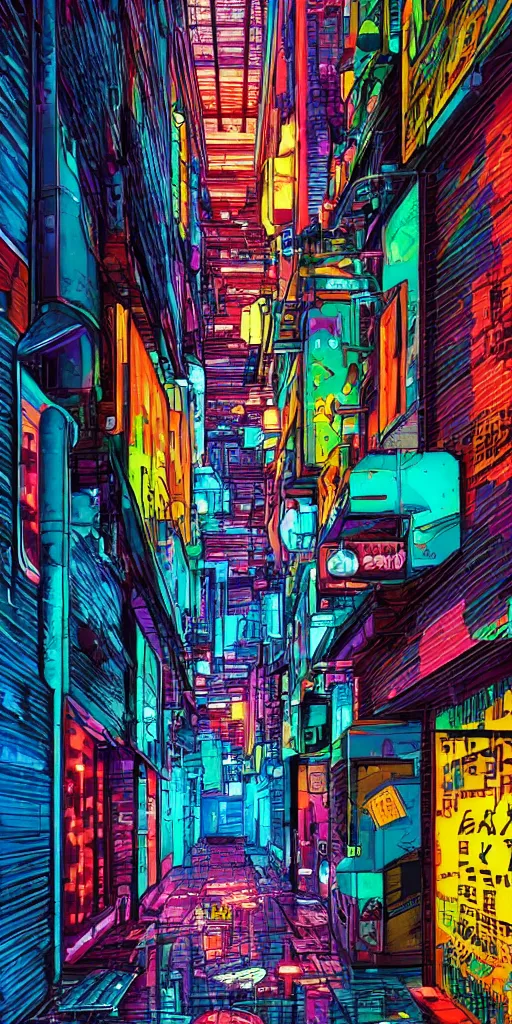 Prompt: cyberpunk alley, pop art, rtx, 8 k, ray tracing, highly detailed, cold colors, rain,