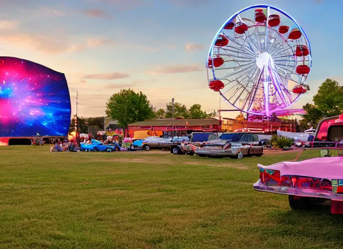 Prompt: Space ship, ferris wheel, lazertag, drive in movie theater