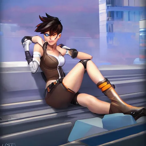 Image similar to digital artwork of tracer sitting on a rooftop, in the style of artgerm, detailed face, expressive face, feminine face,