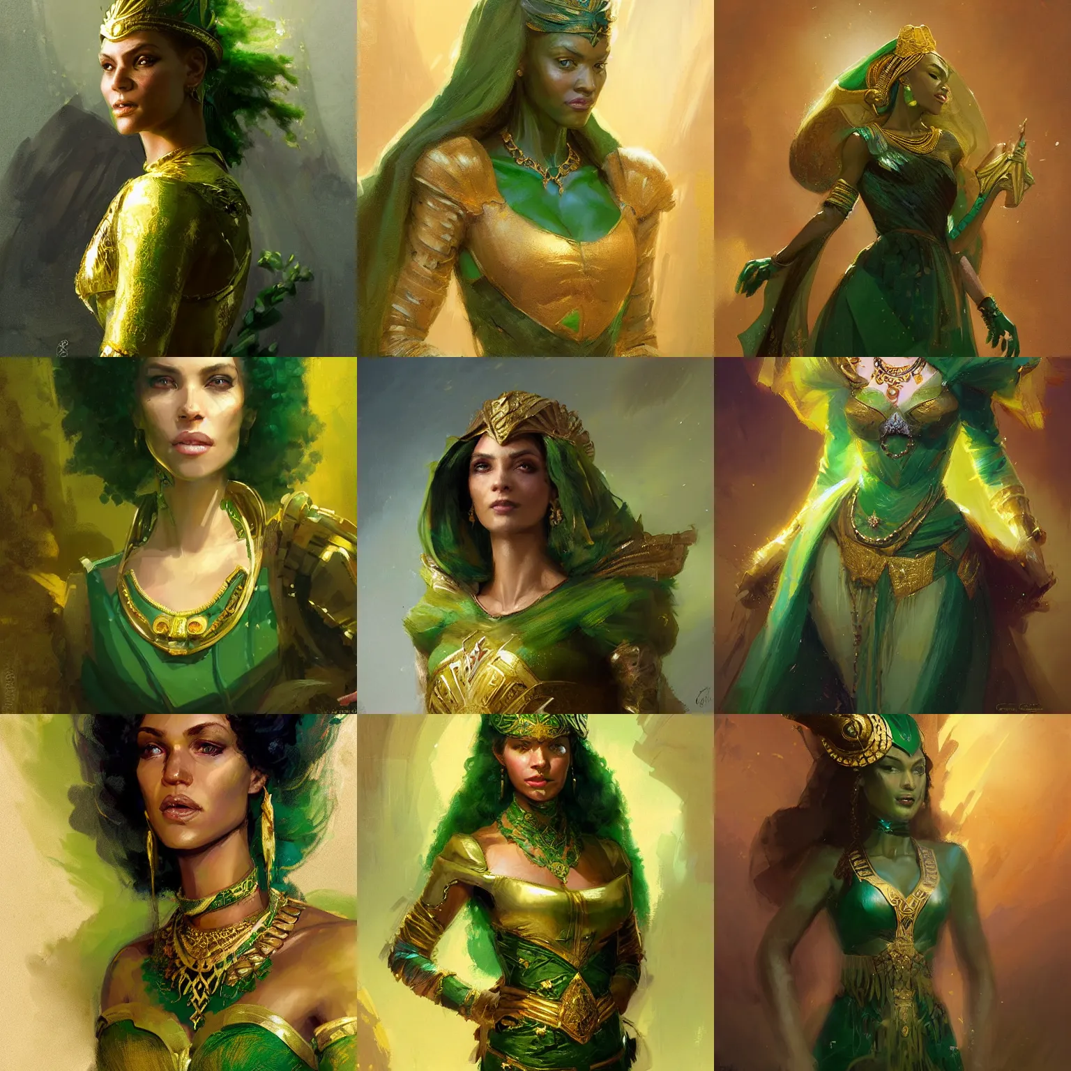 Prompt: a duchess from Nubia, resplendent green clothing and gold jewelry, green and gold color scheme, charismatic, warm friendly face, fantasy character portrait by Greg Rutkowski, Craig Mullins, Gaston Bussiere