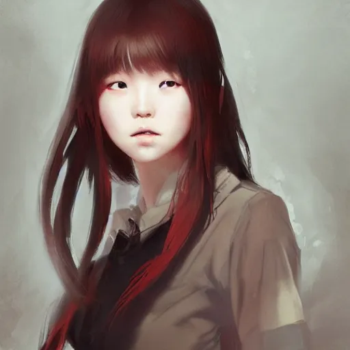 Image similar to full body portrait of a korean schoolgirl with long hair and bangs, her hands are thin red tedrils, dramatic lighting, illustration by Greg rutkowski, yoji shinkawa, 4k, digital art, sci-fi horror concept art, trending on artstation