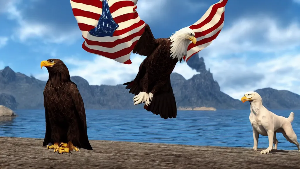 Image similar to a dog a bald eagle and a trident, patriotic, unreal engine