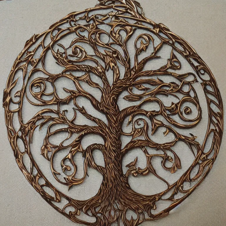 Prompt: vintage art nouveau style tree of life, detailed filigree fretwork lacework