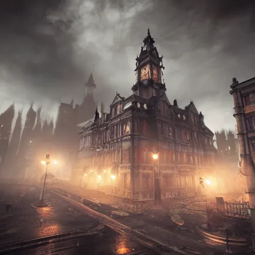 Image similar to haunted gothic horror lovecraftian city, swirling smoke and mist, ultrarealistic, intricate detail, finely detailed, small details, extra detail, high resolution, volumetric lighting, octane render, 8 k