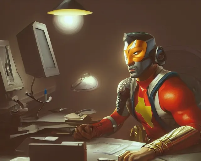 Prompt: an insanely detailed painting of a asian man wearing a superhero costume, sitting at a desk, staring at the nervously at the computer and typing, in the style of peter mohrbacher, dramatic lighting and composition, surreal background, octane render, pixar, trending on artstation, concept art, comic book, view from behind