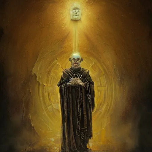 Image similar to a painting of a portrait of the high pontifex of pain with a halo on his head, golden halo, a detailed painting by santiago caruso, official art by greg rutkowski, a character portrait by seb mckinnon,, gothic art, apocalypse art, antichrist, grotesque, elder, skin, gouache, sinew, artstation