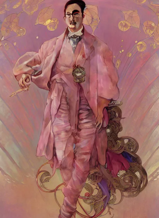 Prompt: Filthy Frank in a Celestial royal pink suit, luxurious theme, meme, funny, sigma male, accurately portrayed, portrait art by alphonse mucha and greg rutkowski, highly detailed, digital painting, concept art, illustration, dim lighting with twilight rays of sunlight, trending on artstation, very detailed, smooth, sharp focus, octane render, close up