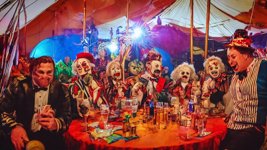Prompt: a gang of circus clowns, drinking alcohol, inside a circus tent