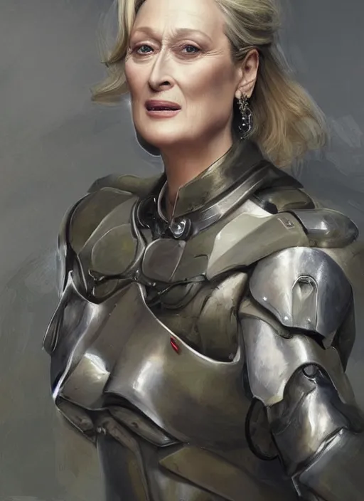 Image similar to a professional painting of a beautiful Meryl Streep, clothed in military armor, olive skin, long dark hair, beautiful bone structure, symmetrical facial features, intricate, elegant, digital painting, concept art, smooth, sharp focus, illustration, from Metal Gear, by Ruan Jia and Mandy Jurgens and Artgerm and William-Adolphe Bouguerea