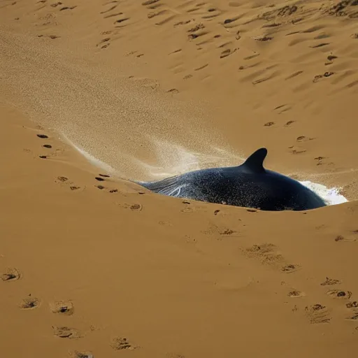 Image similar to giant whale swimming in sand dunes, photography