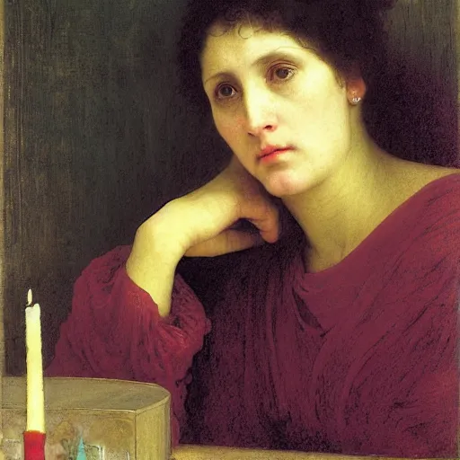 Image similar to a renaissance oil painting portrait by alma tadema of a mourning widow crying in sorrow in a dark room surrounded by candles, colourful pastel, detailed academic bouguereau, sharp focus