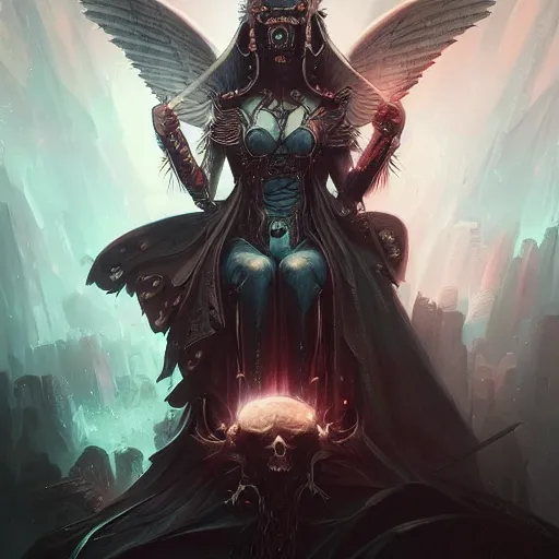 Image similar to queen of death. intricate portrait, occult cyberpunk, ancient futuristic, dark art, occult. by Petros Afshar, by artgerm, by Eddie Mendoza, by Peter mohrbacher