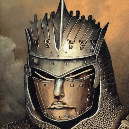 Prompt: full body, knights armor, donald trump, crown!!!!!!, donald trump's face, detailed face, painting of a knight, boots!!!!!!, medieval castle background, valiant, by hans thoma