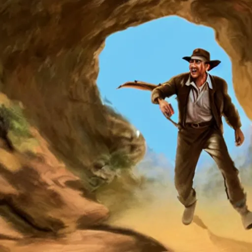 Image similar to indiana jones in a cave being chased by an builder