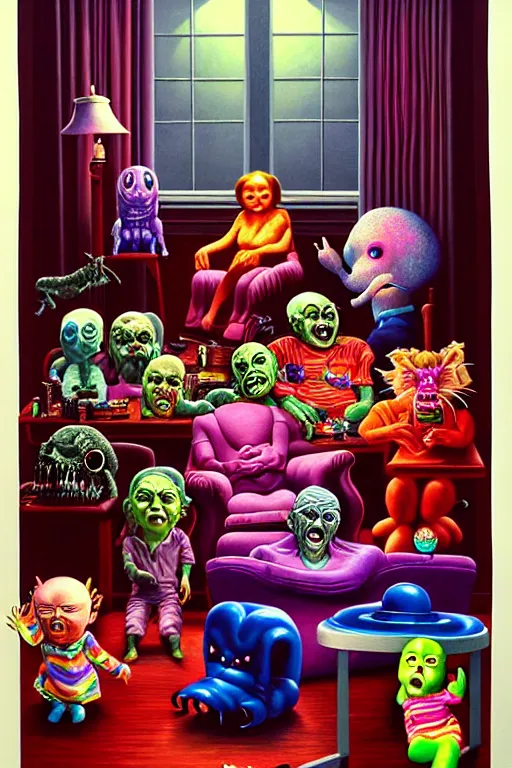 Prompt: a hyperrealistic painting of a room full of evil possessed toys watching a grandma in a rocking chair, cinematic horror by chris cunningham, lisa frank, richard corben, highly detailed, vivid color,