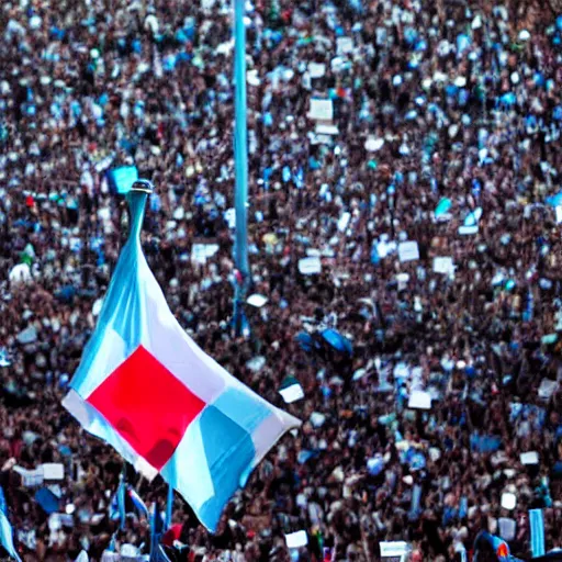 Image similar to Lady Gaga as president, Argentina presidential rally, Argentine flags behind, bokeh, giving a speech, detailed face, Argentina