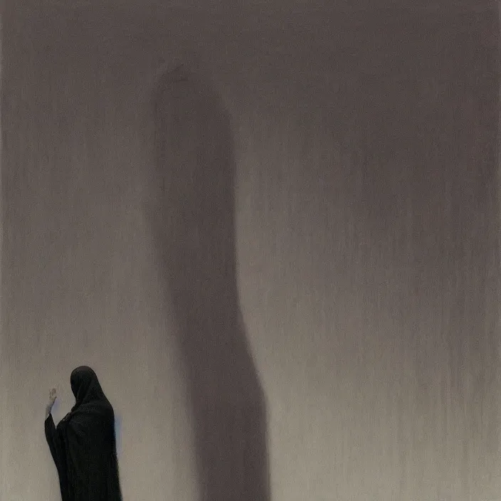 Image similar to woman in black robes in the wind, back to us, reaching out, highly detailed, artstation, art by edward hopper, zdislav beksinski, wayne barlowe, edward hopper