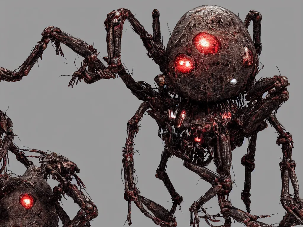 Prompt: Techno-biological iron-meat spider with double long barrel on his head walks through the ruins. Consisting of tumors, veins, guts, kidneys, wires, long spider paws, chitin, bones. Bodyhorror, biopunk, extremely high detail, ultra realistic, photorealism, concept art, octane render, view from a distance, 8k, 16k