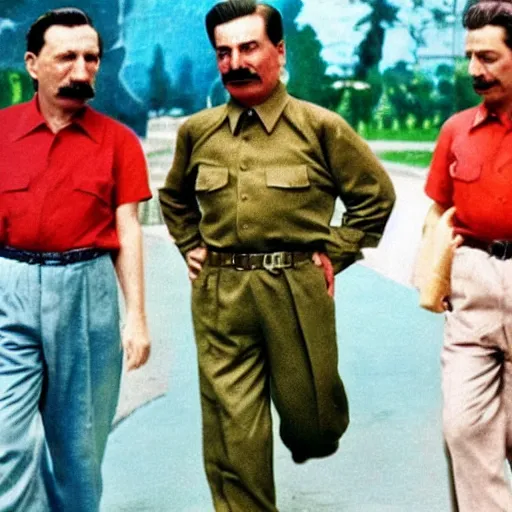 Prompt: stalin in colorful picture wearing short pants and tshirt