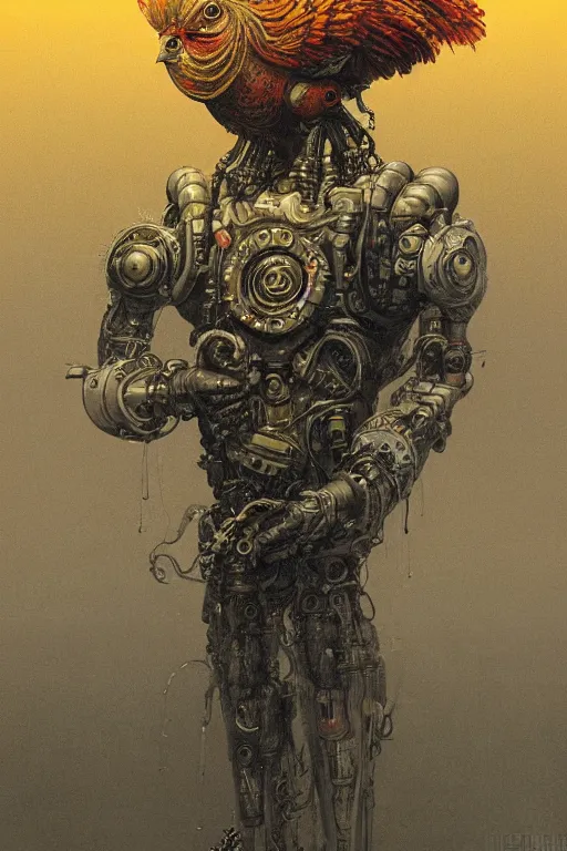 Image similar to hybrid of a chicken and a tech priest, cybernetic enhancements attached to his body, praise the omnissaiah, zdzislaw beksinski, lewis jones, mattias adolfsson, warhammer 4 0 k!!, cold hue's, warm tone gradient background, concept art, digital painting