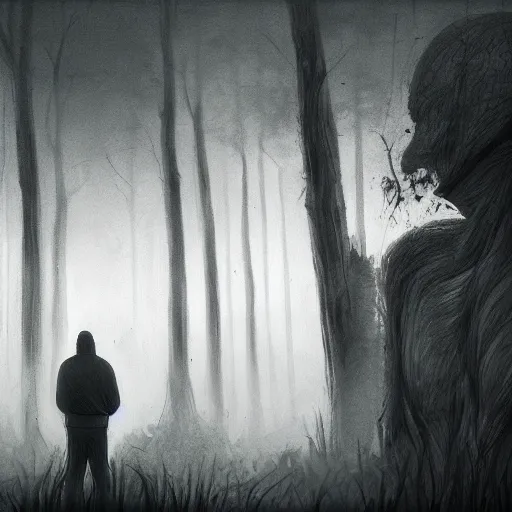 Prompt: man looking at camera in the forest, night time, surrounded by tall faceless creatures, horror, dark, eldritch, grainy film, artstation, realistic, detailed