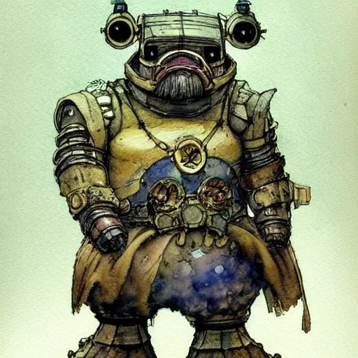 Image similar to a simple and atmospheric watercolour fantasy character concept art portrait of a mechanized android bulldog as a druidic warrior wizard looking at the camera with an intelligent gaze, very muted colors, by rebecca guay, michael kaluta, charles vess and jean moebius giraud