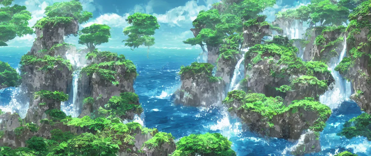 Image similar to a small crumbling island with waterfalls flowing off the island, floating in space, studio ghibli, digital art, detailed, depth of field