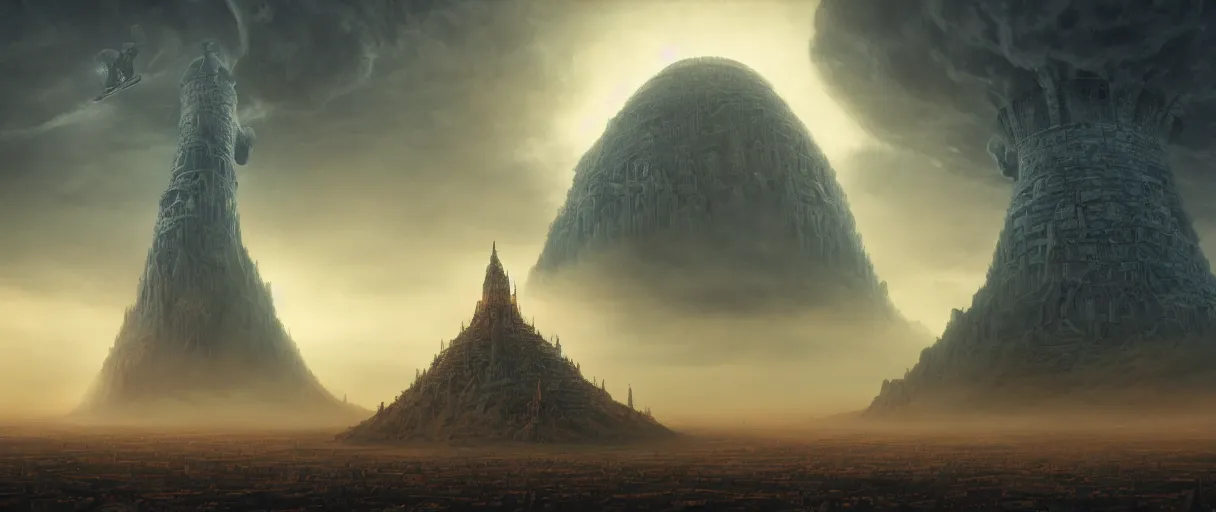 Prompt: detailed giant aliens ship over the tower of babel, beautiful dramatic moody lighting, subsurface scattering, cinematic atmosphere, by Jean Giraud, Alex Grey, Zdzislaw Beksiński, Dan Mumford, Patiphan Sottiwilaiphong, octane render, Vray, Arnold