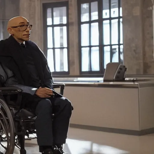 Image similar to movie still of bald, Giancarlo Esposito as Professor X in a new X-Men movie