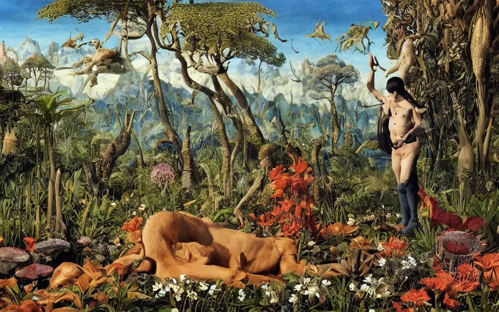 Prompt: a portrait photograph of a meditating werelwolf and a centaur king hunting tropical animals at a wide river delta. surrounded by bulbous flowers, animals, trees and mushrooms. mountain range under a vast blue sky of burning stars. painted by jan van eyck, max ernst, ernst haeckel and artgerm, cgsociety, artstation, fashion editorial