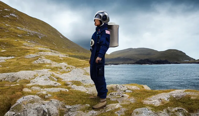 Prompt: astronaut tourist wearing futuristic space suit, standing in the Isle of Harris, Scotland, a futuristic spaceship in the background, wide angle lens, photorealistic