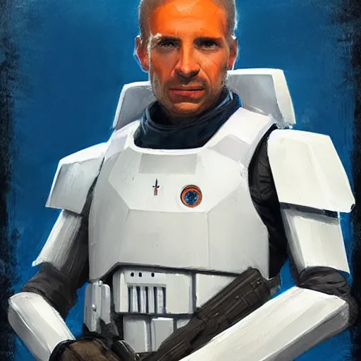 Image similar to portrait of a man by greg rutkowski, a soldier of the new galactic republic, wearing a white, blue and orange tactical gear, star wars expanded universe, highly detailed portrait, digital painting, artstation, concept art, smooth, sharp foccus ilustration, artstation hq