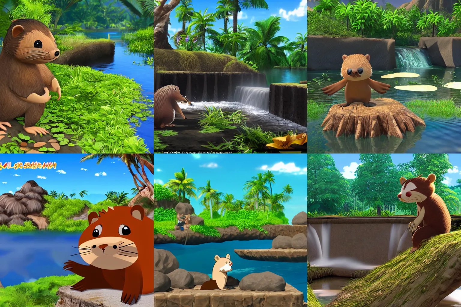 Image similar to anime beaver building a dam on a tropical island, unreal engine, sunny, happy