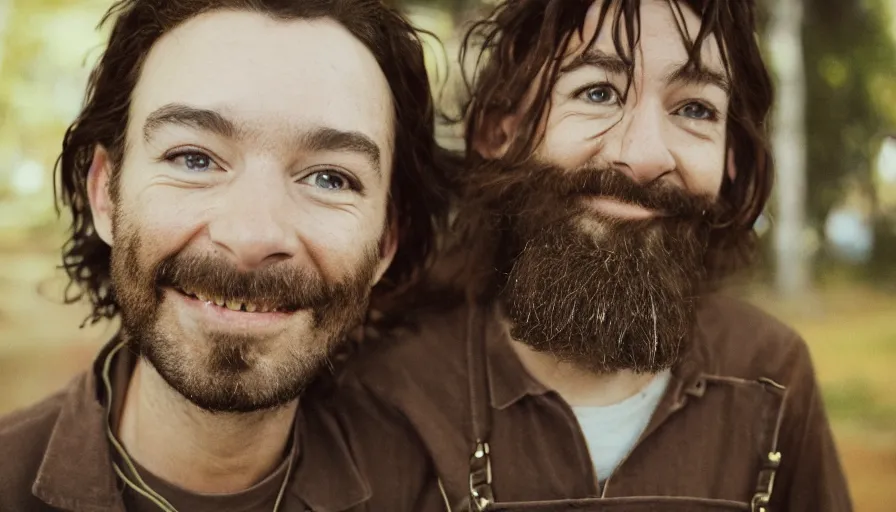 Image similar to far view, extremely skinny malnourished jimmy fallon with long beard, wearing dirty overalls, dirty greasy face, grin, portrait, close up, kodak gold 2 0 0, 5 0 mm,