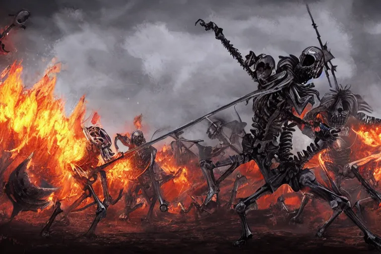 Image similar to skeleton knights spontaneously combusting, digital painting, mixed media, trending on artstation and deviantart, epic composition, centered, sharp focus, magnum opus, highly detailed, 8 k