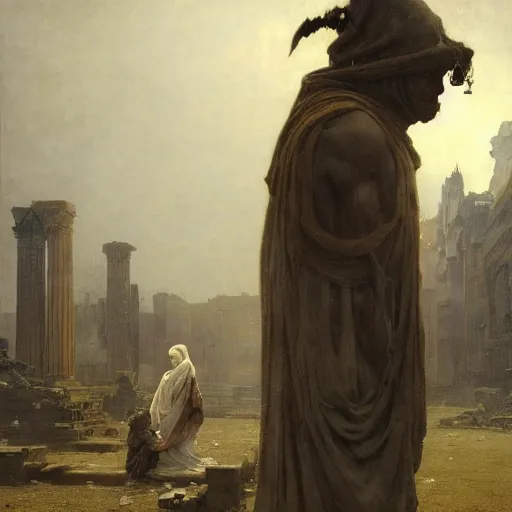 Image similar to portait of magican wearing a closed cerimonial cowl and big old book! chained to the wrist, jeremy mann, jean - leon gerome, tiepolo, alphonse mucha, greg rutkowski, face in the shadows, ( ( ruins of ancient rome ) ), at dusk, mysterious atmosphere, sunrays, dof, high detailed, 8 k