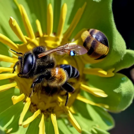 Image similar to a close up of a bee on a flower, a macro photograph by christopher williams, shutterstock contest winner, naturalism, macro photography, photo taken with nikon d 7 5 0, macro lens