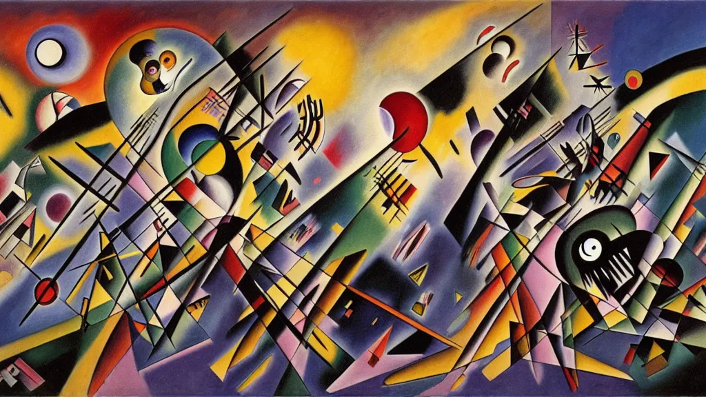 Prompt: Desperate clash of reality and surrealist absurd nightmare realm, abstract nightmare by Vasily Kandinsky, Thomas Bacon, and H.R. Giger, trending on ArtStation