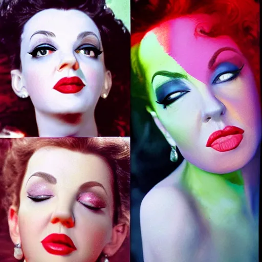 Image similar to a colour photographic portrait of a hybrid of judy garland and lisa minelli and angelina jolie and kate bush, close up