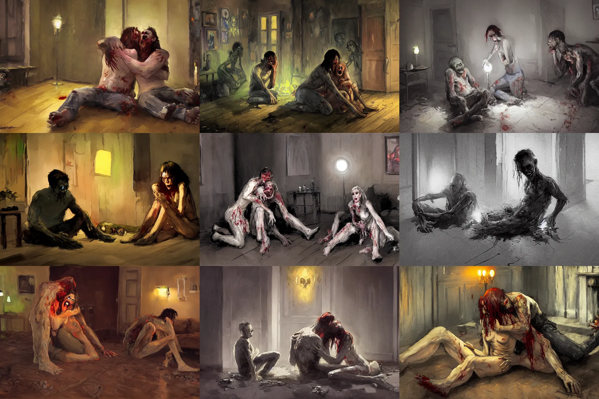 Prompt: zombie man sitting on the floor while devouring a woman, hugging each other in eerie living room of a modern kentucky house, only light source is a torchlight on the floor digital painting, artstation, sharp focus, illustration, art by konstantin korovin and daniel f. gerhartz and john howe