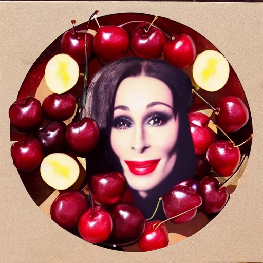 Prompt: the red fruit cherry, collage with the face of cher on it