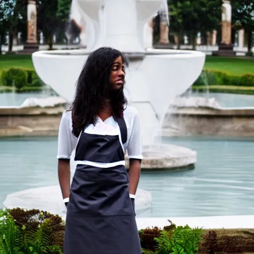 Prompt: a full body portrait of a very very very beautiful young woman wearing a white apron standing in front of a fountain in a park, very detailed, William-Adolphe, photo taken with Sony a7R