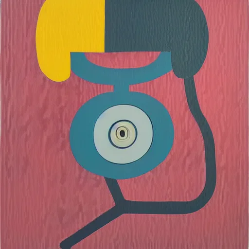 Prompt: a painting of a rotary dial phone, abstract painting in the style of Sophie Taeuber-Arp and Gary Hume and Tatsuro Kiuchi, flat colour-block style, geometric abstraction, earthy pastel colours