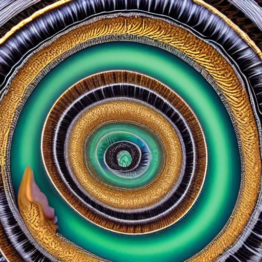 Image similar to three dimensional multilayered patterns inside a spiraling vortex, intricate detail, complex, jade, gold, silver, obsidian, ornate,