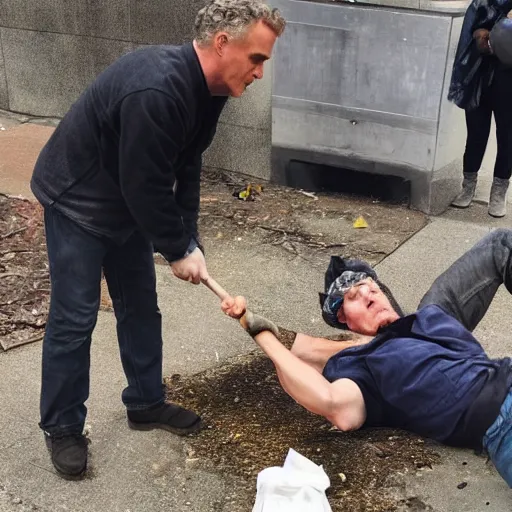 Image similar to jordan peterson getting bludgeoned to death with a pick axe by a homeless person